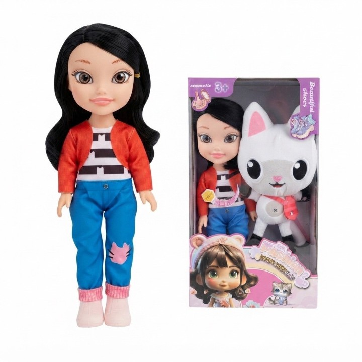 Set Muñeca Fashion Girl Con Gran Gato De Peluche