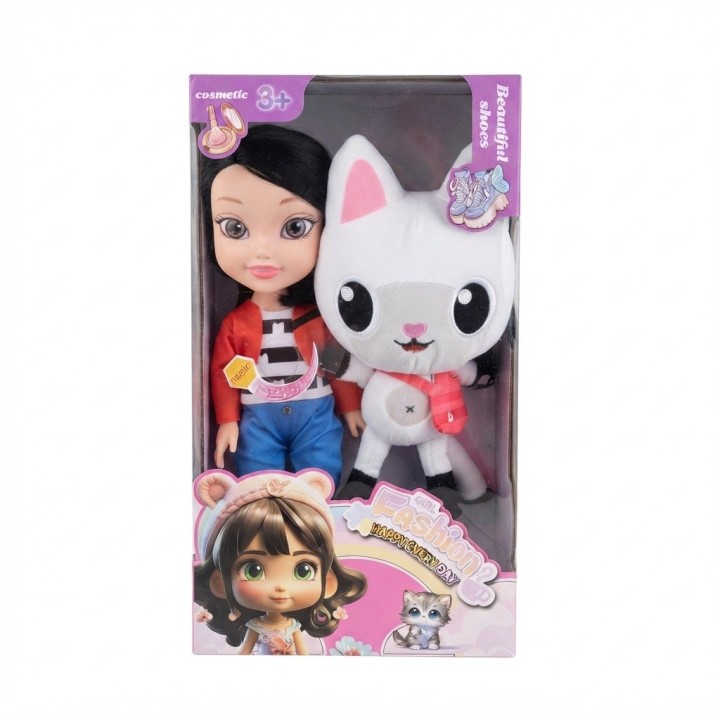 Set Muñeca Fashion Girl Con Gran Gato De Peluche