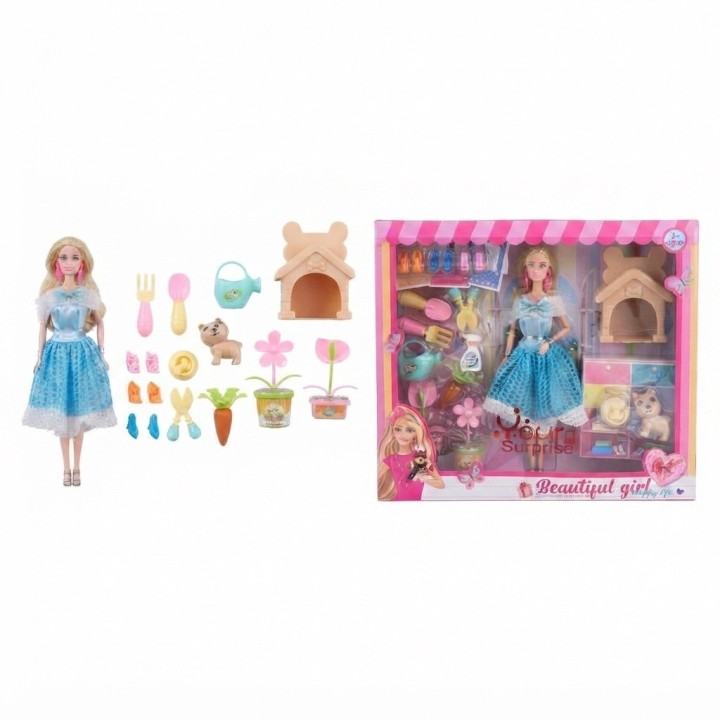 Set Muñeca Fashion Jardinera Con Perrito Y Accesorios