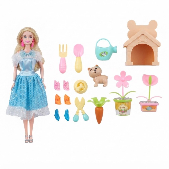 Set Muñeca Fashion Jardinera Con Perrito Y Accesorios