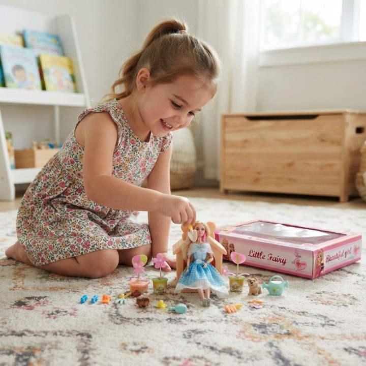 Set Muñeca Fashion Jardinera Con Perrito Y Accesorios