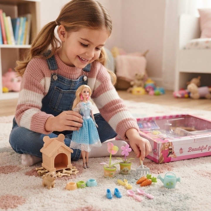 Set Muñeca Fashion Jardinera Con Perrito Y Accesorios
