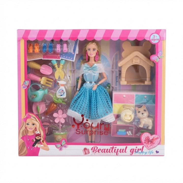 Set Muñeca Fashion Jardinera Con Perrito Y Accesorios