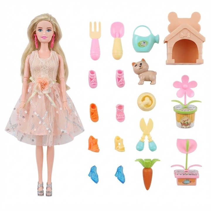 Set Muñeca Fashion Jardinera Con Perrito Y Accesorios