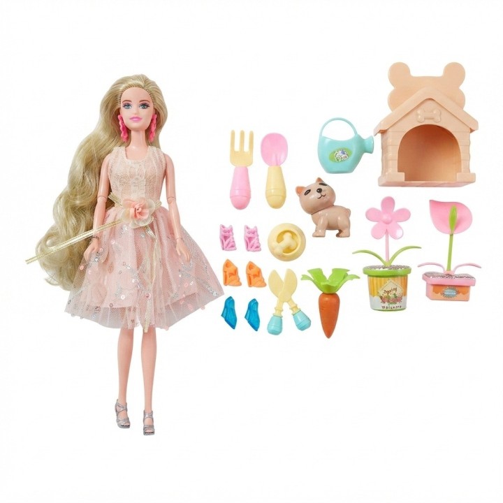 Set Muñeca Fashion Jardinera Con Perrito Y Accesorios