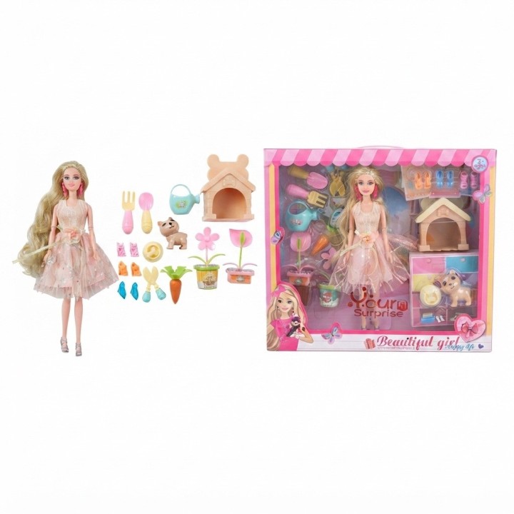 Set Muñeca Fashion Jardinera Con Perrito Y Accesorios