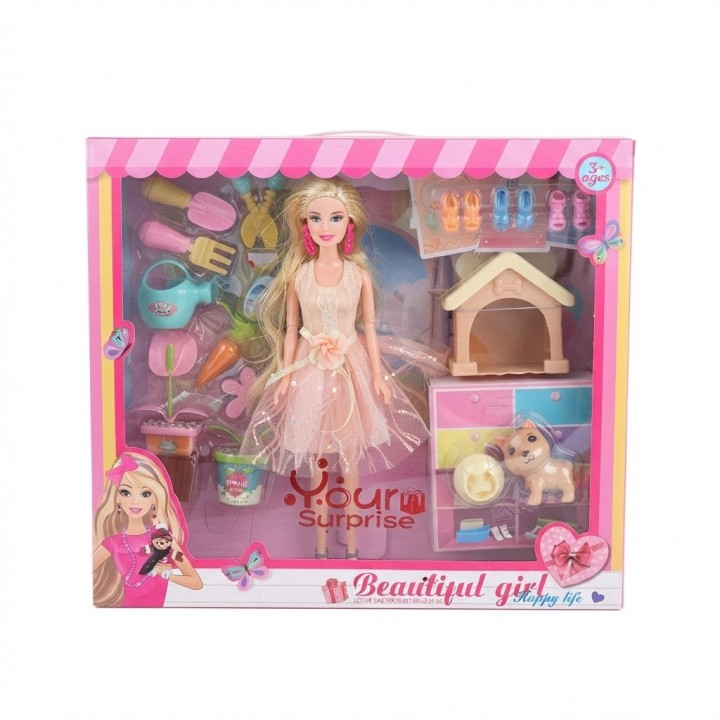 Set Muñeca Fashion Jardinera Con Perrito Y Accesorios