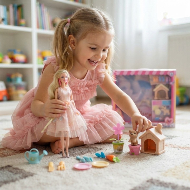 Set Muñeca Fashion Jardinera Con Perrito Y Accesorios