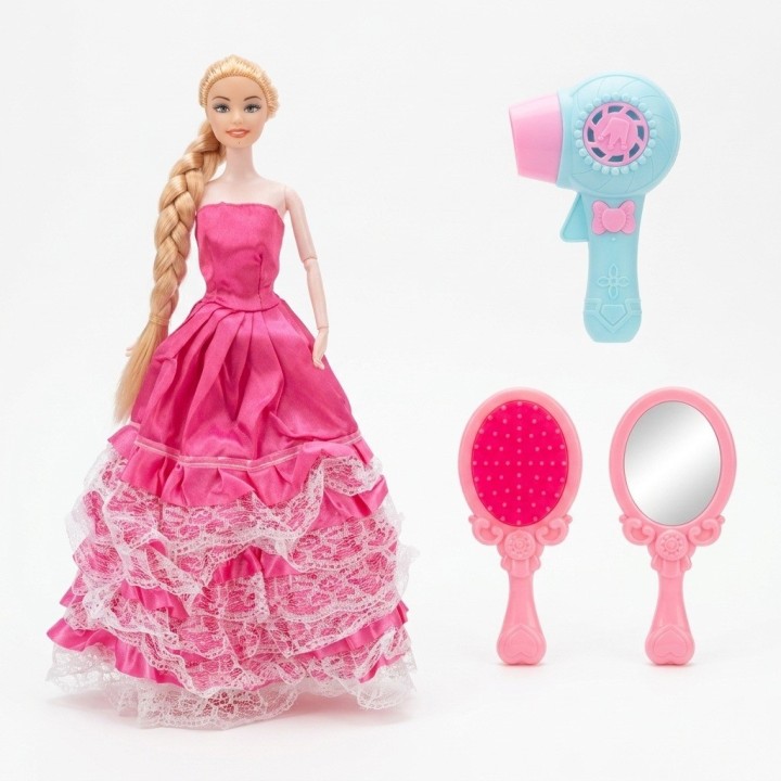 Set Muñeca Princesa Vestido Rosa Con Espejo Y Secador
