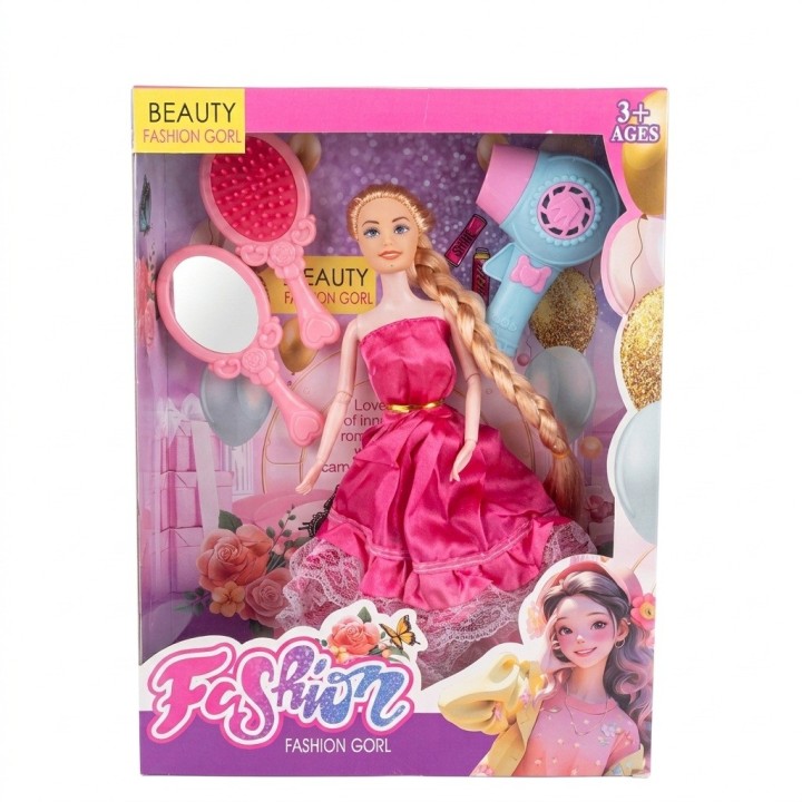 Set Muñeca Princesa Vestido Rosa Con Espejo Y Secador