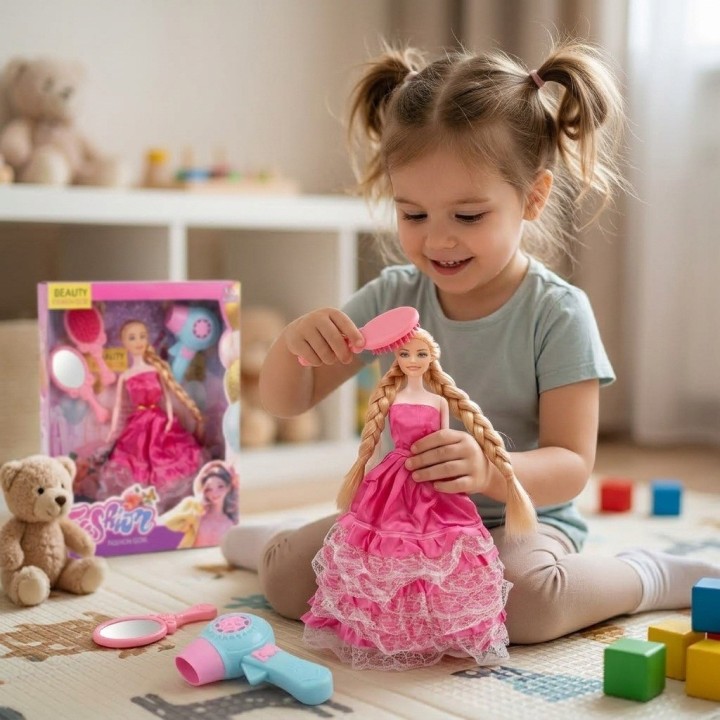 Set Muñeca Princesa Vestido Rosa Con Espejo Y Secador