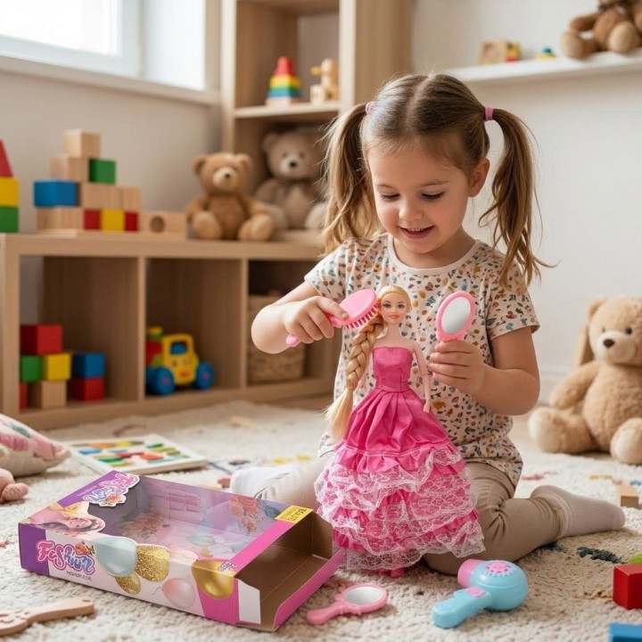 Set Muñeca Princesa Vestido Rosa Con Espejo Y Secador