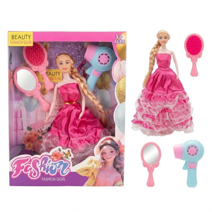 Set Muñeca Princesa Vestido Rosa Con Espejo Y Secador