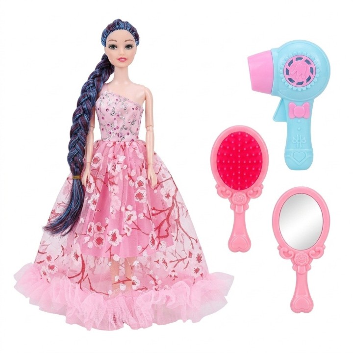 Set Muñeca Princesa Vestido Rosa Con Espejo Y Secador