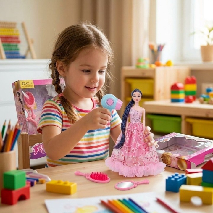 Set Muñeca Princesa Vestido Rosa Con Espejo Y Secador