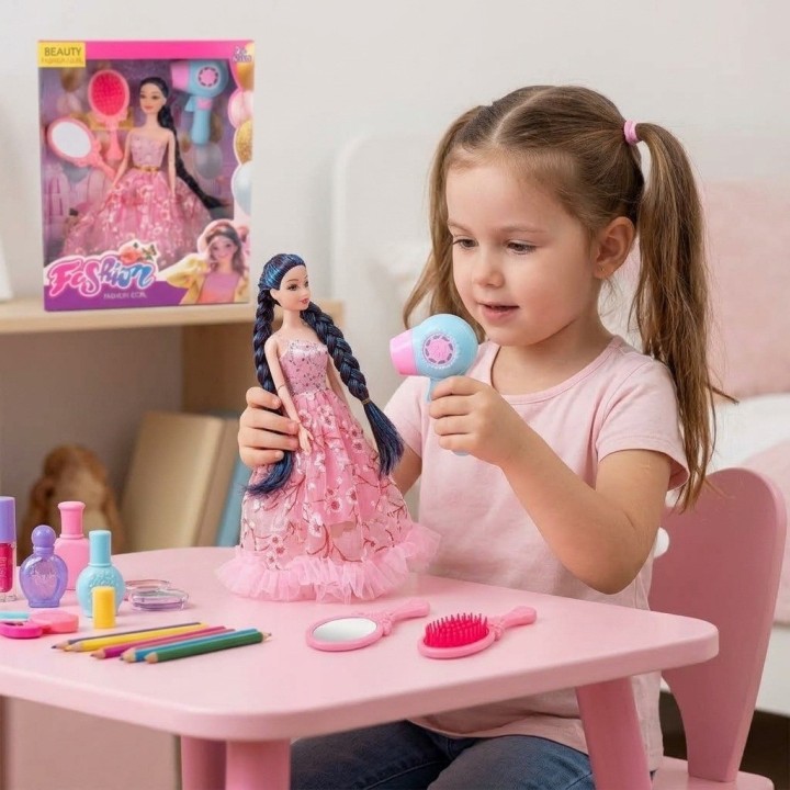 Set Muñeca Princesa Vestido Rosa Con Espejo Y Secador