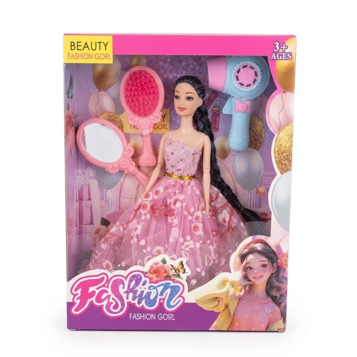 Set Muñeca Princesa Vestido Rosa Con Espejo Y Secador