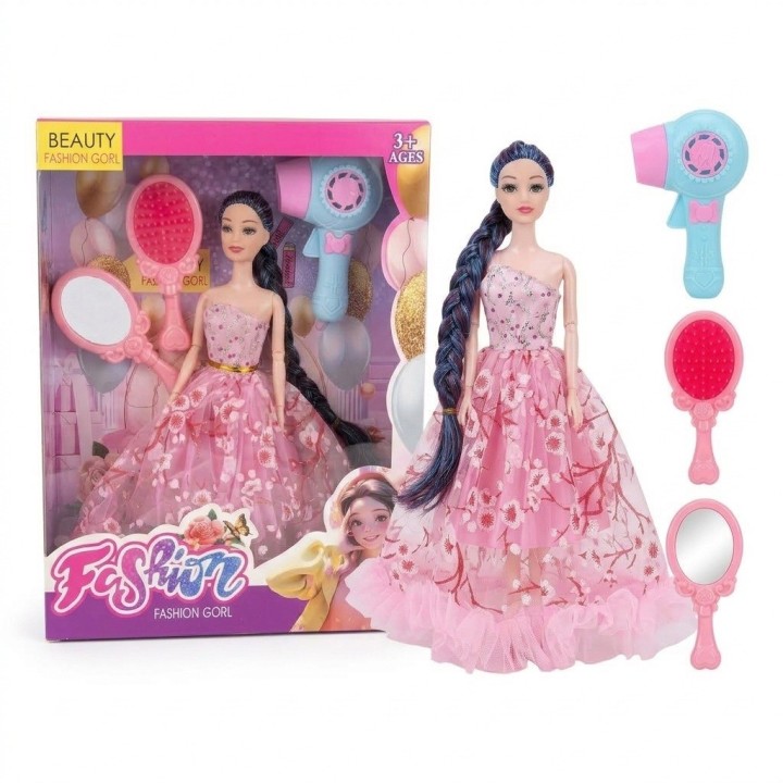 Set Muñeca Princesa Vestido Rosa Con Espejo Y Secador