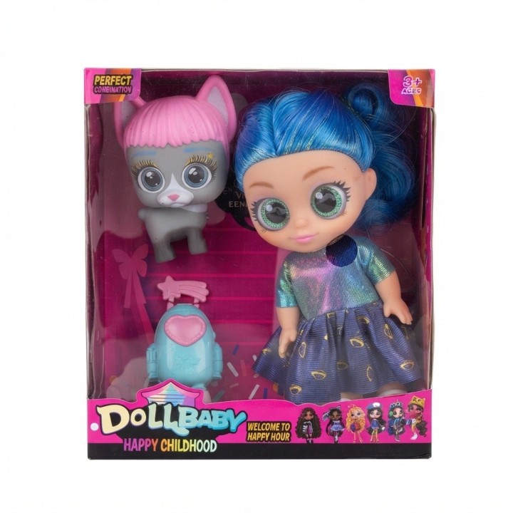 Muñeca Dollbaby Ojos Grandes Con Mascota Y Mochila