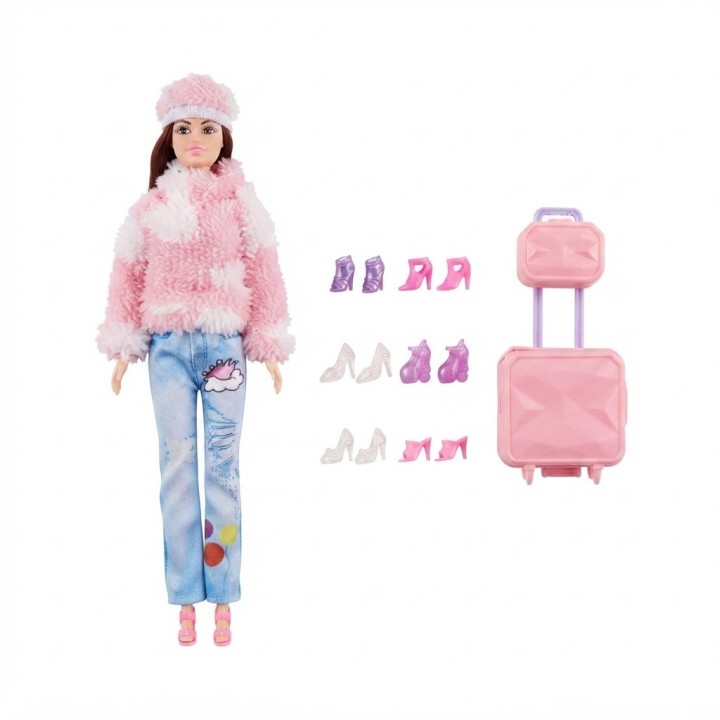 Muñeca Fashion De Invierno Con Maleta Y Zapatos