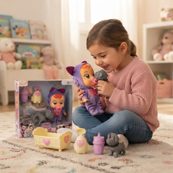 Set Muñeca Bebé Con Mascota Y Accesorios Pijama Niñas