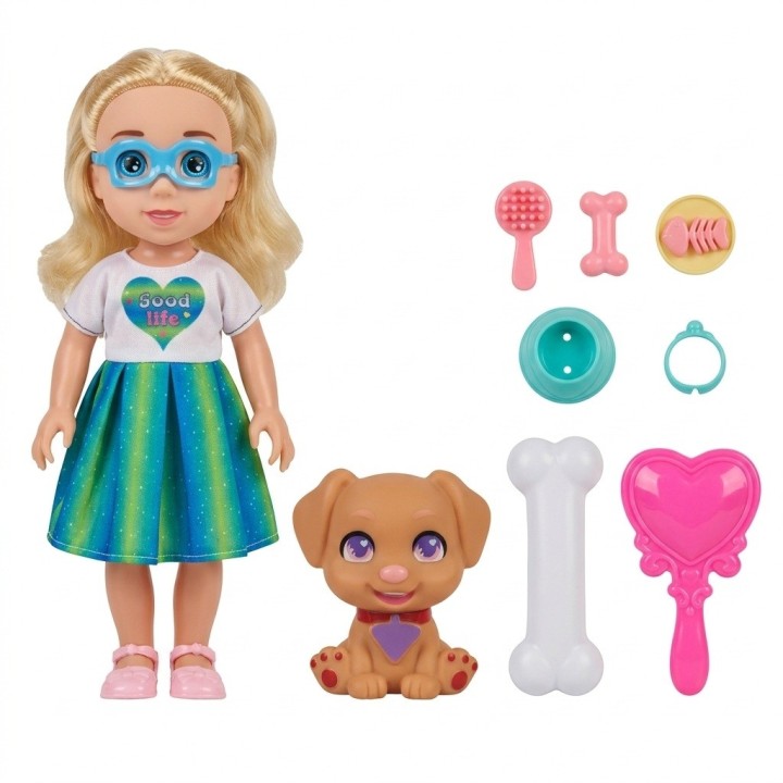 Set Muñeca Con Perrito Mascota Y Accesorios De Juego