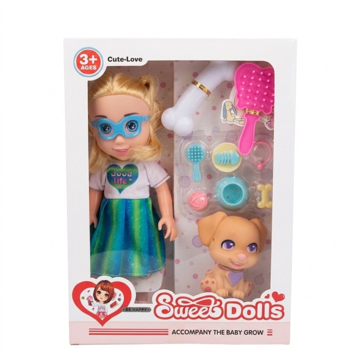 Set Muñeca Con Perrito Mascota Y Accesorios De Juego