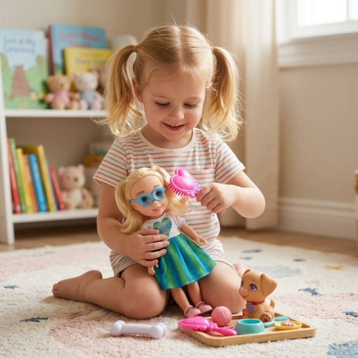 Set Muñeca Con Perrito Mascota Y Accesorios De Juego