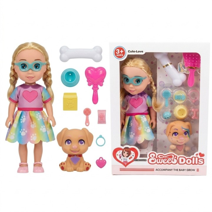 Set Muñeca Con Perrito Mascota Y Accesorios De Juego