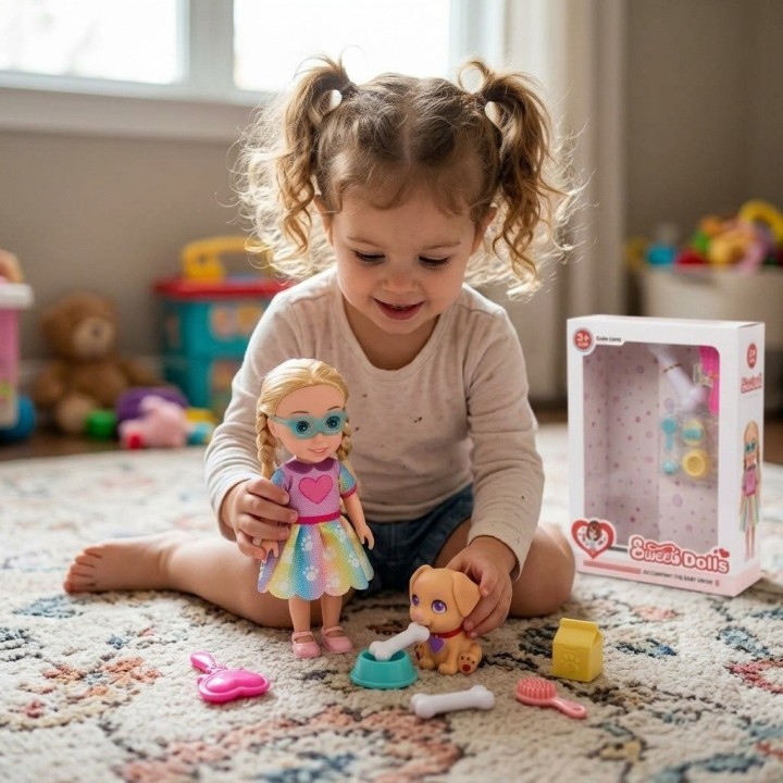 Set Muñeca Con Perrito Mascota Y Accesorios De Juego