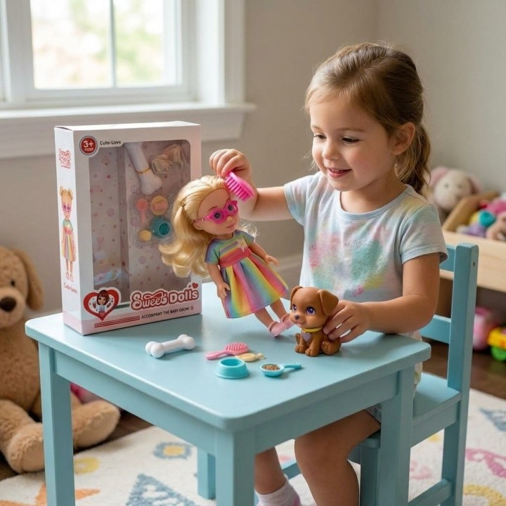Set Muñeca Con Perrito Mascota Y Accesorios De Juego
