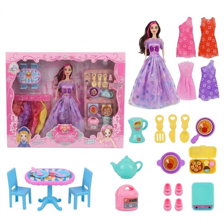Muñeca Fashion Con Comedor Cocina Y Vestidos