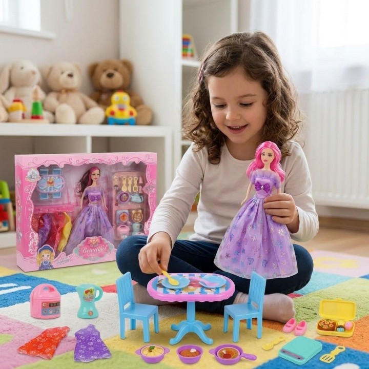 Muñeca Fashion Con Comedor Cocina Y Vestidos