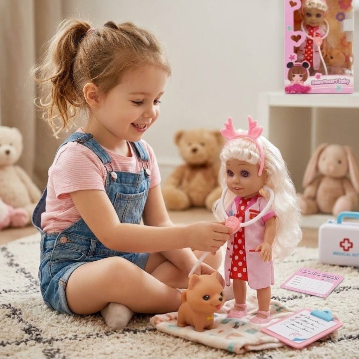 Muñeca Doctora Veterinaria Con Estetoscopio Y Mascota