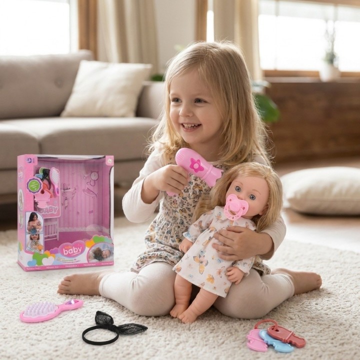 Muñeca Interactiva Bebé Con Sonidos Secador Y Accesorios