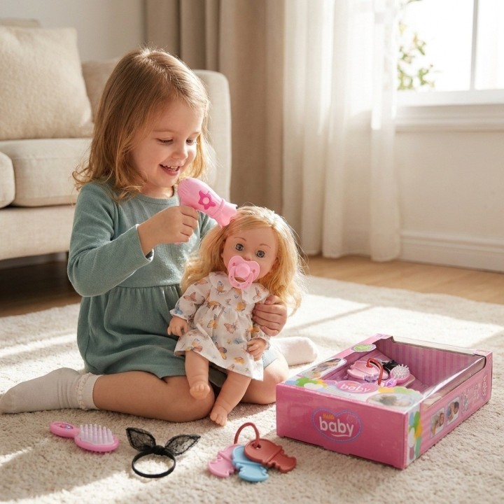 Muñeca Interactiva Bebé Con Sonidos Secador Y Accesorios