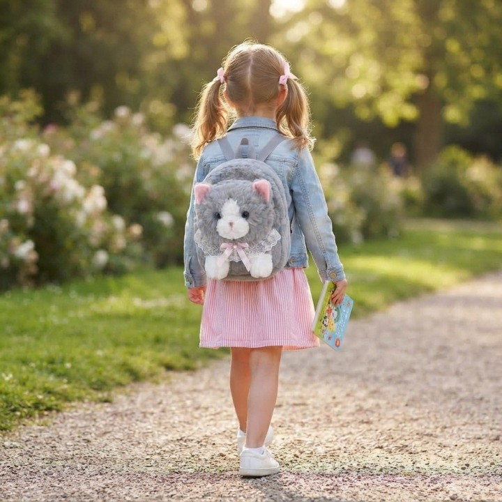 Mochila Infantil Peluche Gato Con Lazo Y Encaje