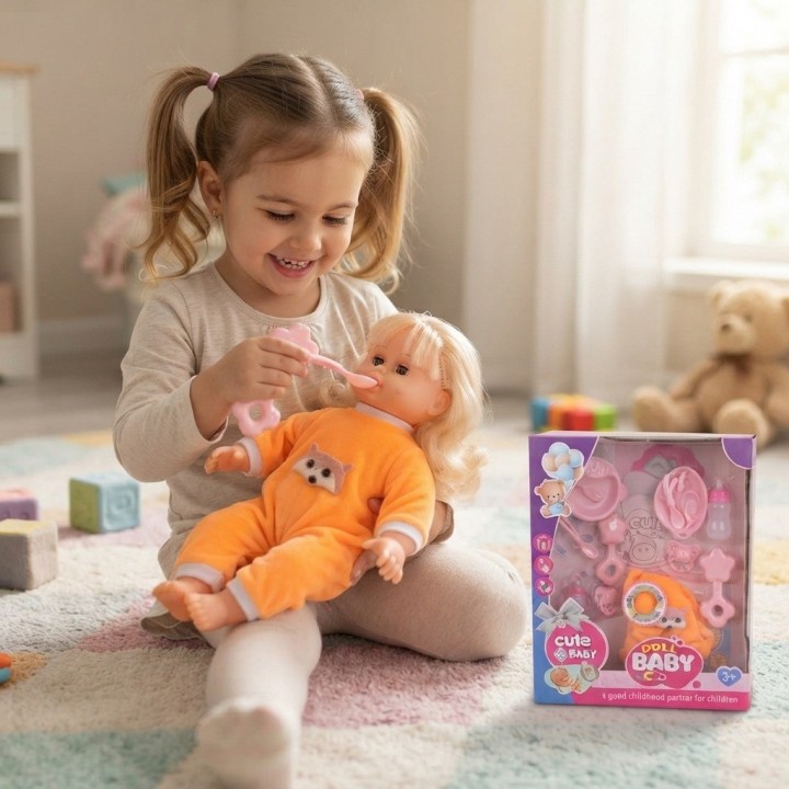 Muñeca Bebé Con Accesorios De Alimentación Y Biberón