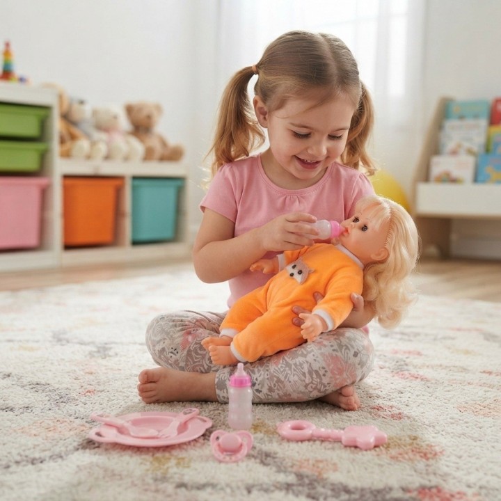 Muñeca Bebé Con Accesorios De Alimentación Y Biberón