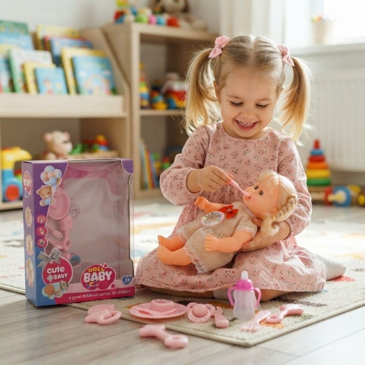Muñeca Bebé Con Accesorios De Alimentación Y Biberón