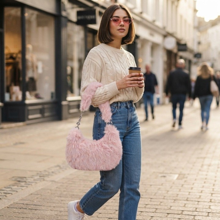 Bolso Peluche Suave Cadena Corazones Estilo Y Tendencia