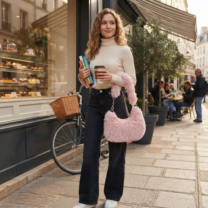 Bolso Peluche Suave Cadena Corazones Estilo Y Tendencia