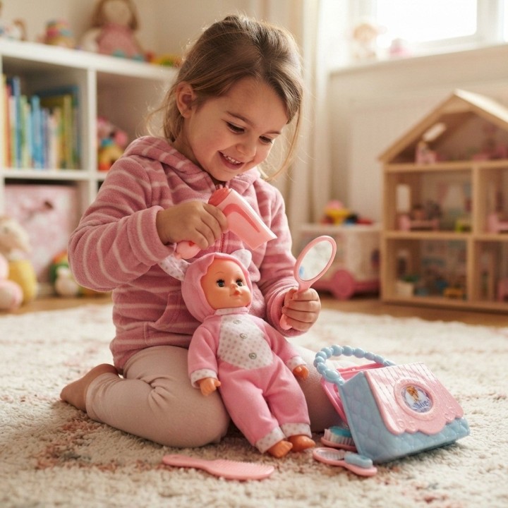 Muñeca Bebé Pijama Rosa Con Bolso Y Set De Belleza