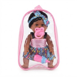 Muñeca Bebé Morena Con Mochila Transparente Y Accesorios