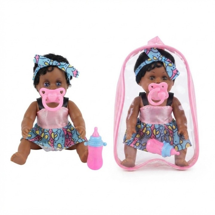 Muñeca Bebé Morena Con Mochila Transparente Y Accesorios