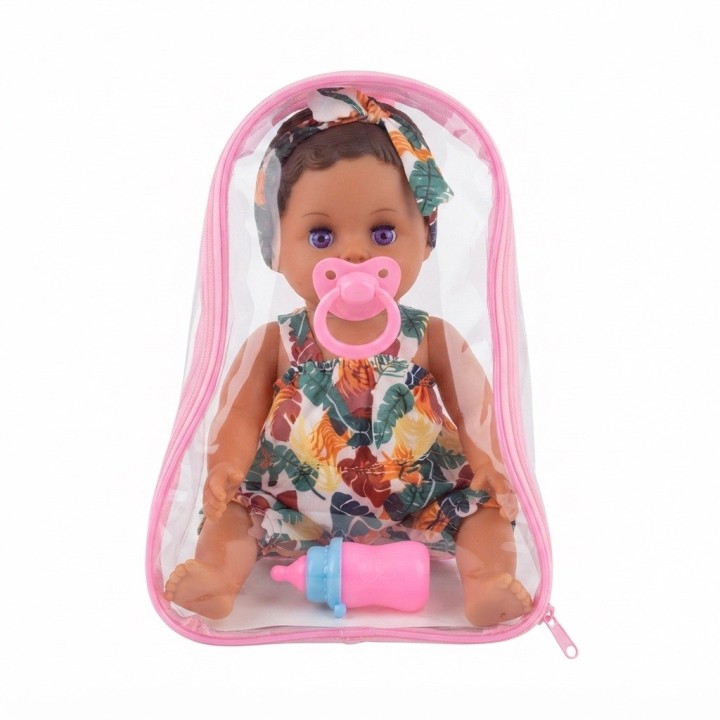Muñeca Bebé Morena Con Mochila Transparente Y Accesorios
