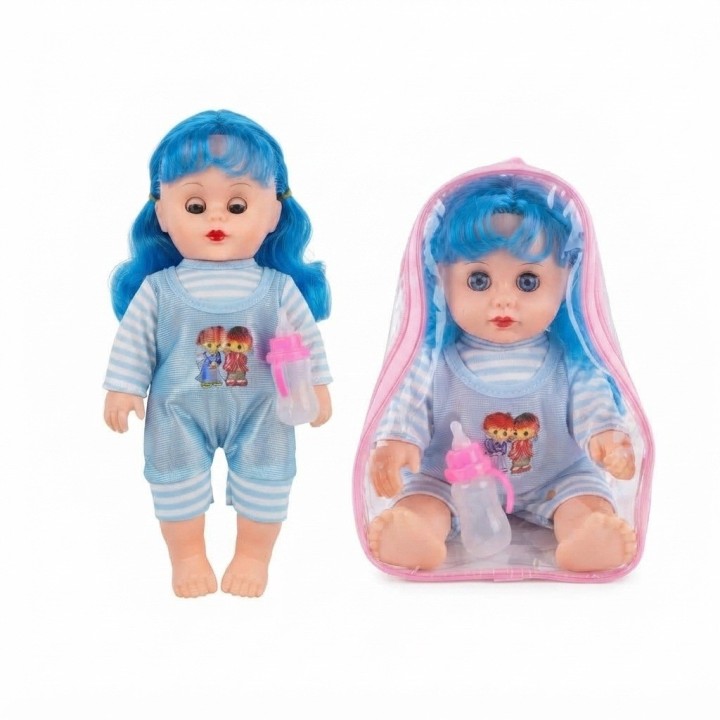 Muñeca Bebé Pequeña Con Morral Transparente Y Tetero