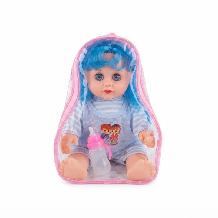 Muñeca Bebé Pequeña Con Morral Transparente Y Tetero