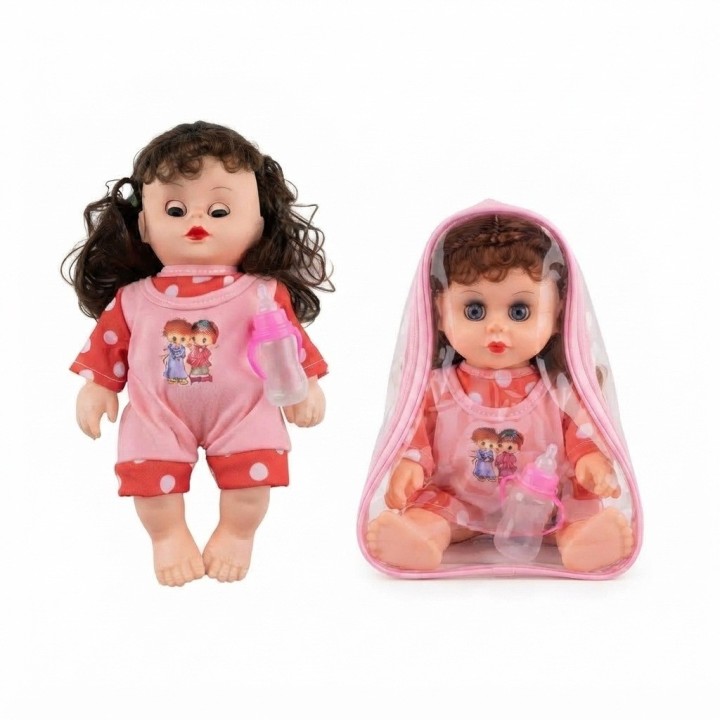 Muñeca Bebé Pequeña Con Morral Transparente Y Tetero