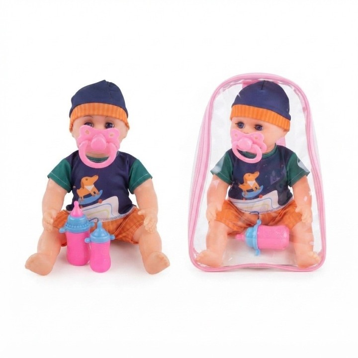 Muñeco Bebé Niño Con Mochila Transparente Y Accesorios